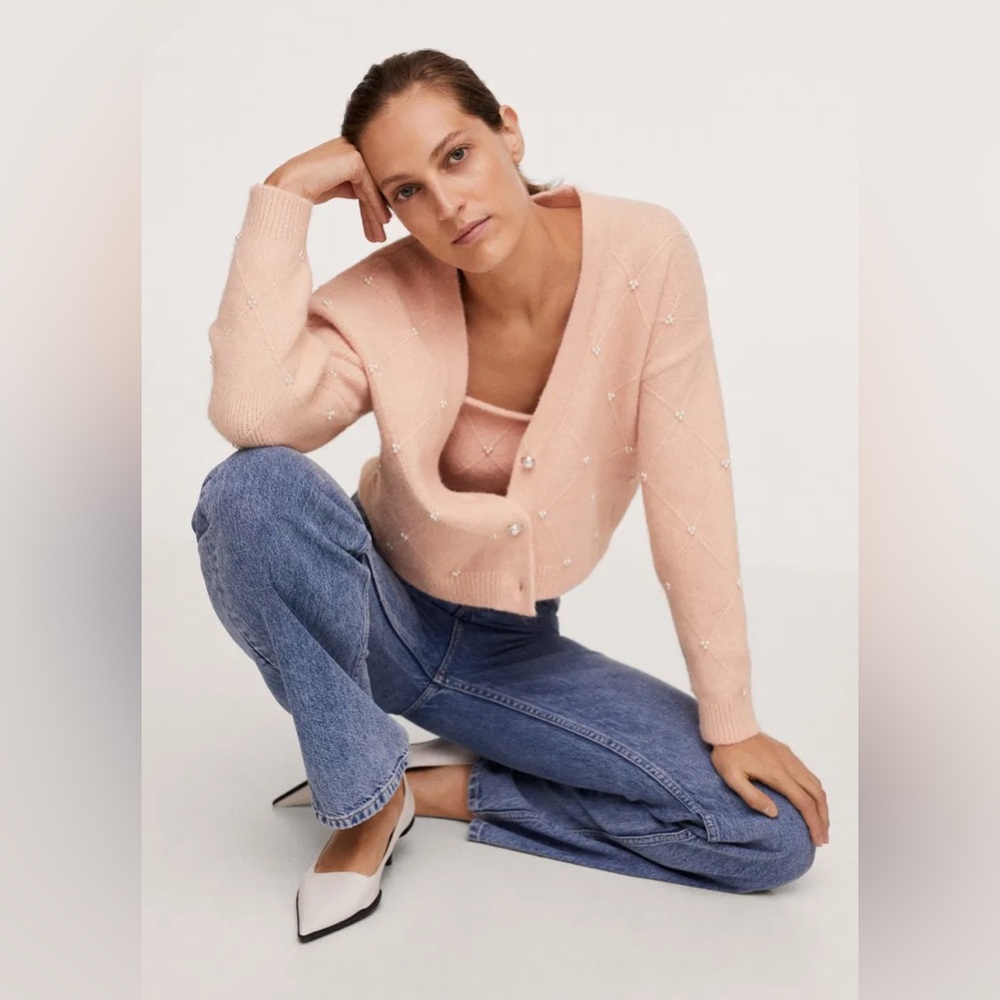 Mango Blush Pink Pearl-Embellished V-Neck Cropped Cardigan